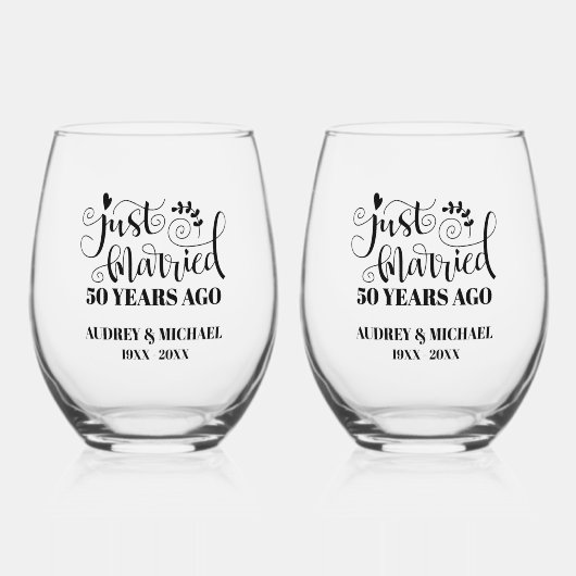 Just Married Any Year Anniversary Personalized Wijnglas Zonder Voet (Voorkant)