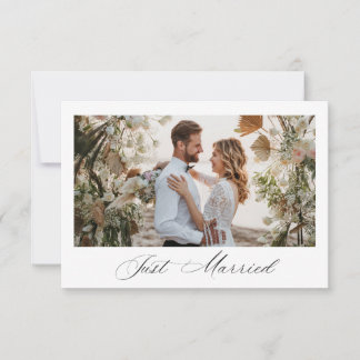 Just Married black script wedding announcement Bedankkaart