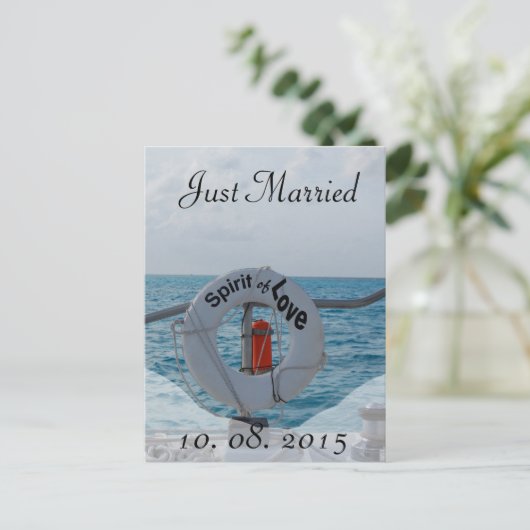 Just Married Boat Wedding Aankondiging (Staand voorkant)