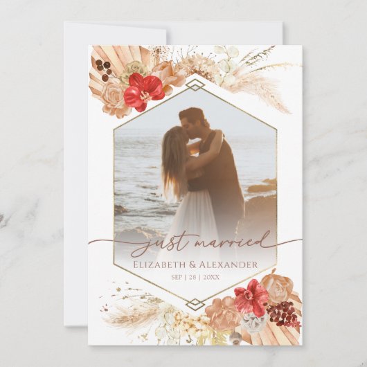 just married | Boho bruiloft foto aankondiging (Voorkant)