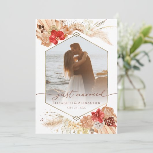 just married | Boho bruiloft foto aankondiging (Staand voorkant)