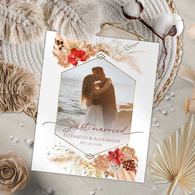 just married | Boho bruiloft foto aankondiging (Creator heeft geüpload)