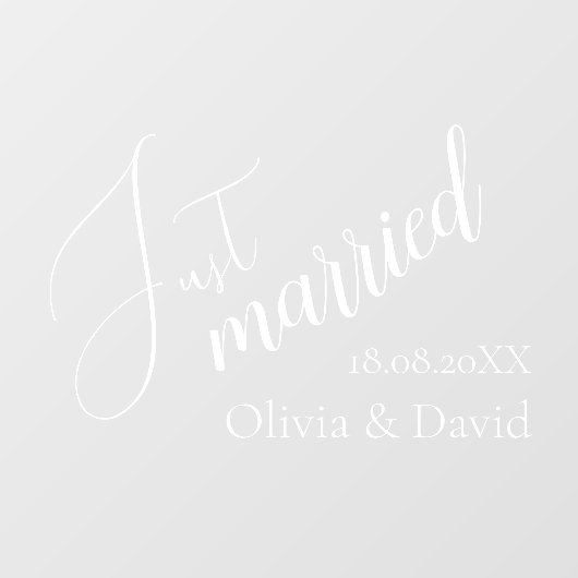 Just Married | Bruiloft Elegant Wit Gepersonalisee Raamsticker (Vel)