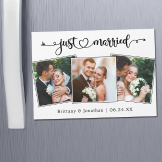 Just Married Calligraphy Heart 3 Photo Magnet Card