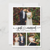 Just Married Calligraphy Heart 3 Photo Wedding Aankondiging (Voorkant)