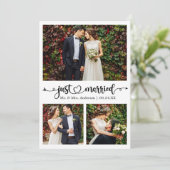 Just Married Calligraphy Heart 3 Photo Wedding Aankondiging (Staand voorkant)