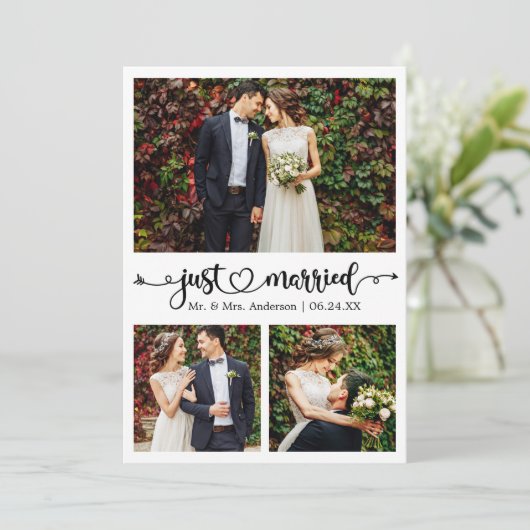 Just Married Calligraphy Heart 3 Photo Wedding Aankondiging (Staand voorkant)