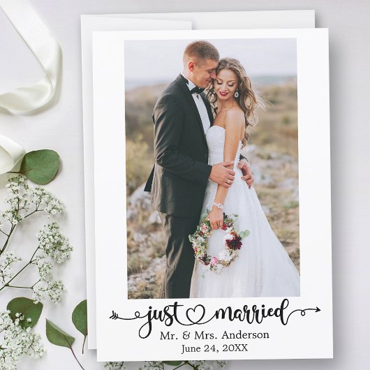 Just Married Calligraphy Heart Photo Wedding Aankondiging