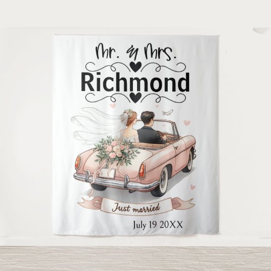 Just Married Getaway – Huwelijksachtergrond Wandkleed (Voorkant)