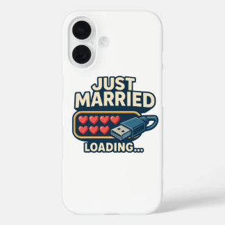 Just Married Loading – Grappige Tech Wedding iPhone 16 Hoesje