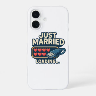 Just Married Loading – Grappige Tech Wedding iPhone 16 Hoesje