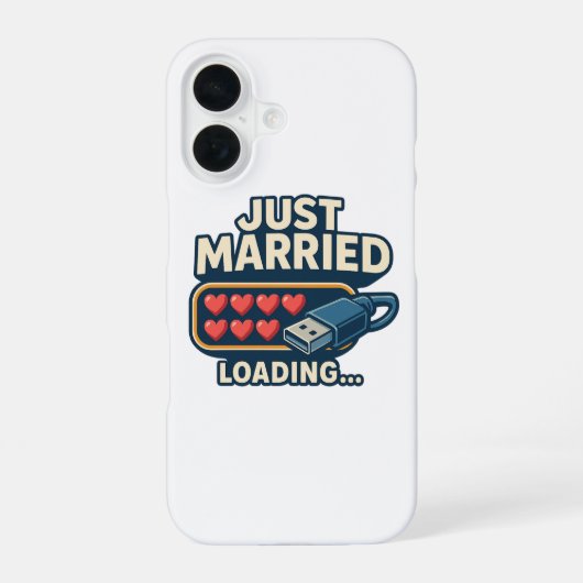 Just Married Loading – Grappige Tech Wedding iPhone 16 Hoesje (Achterkant)