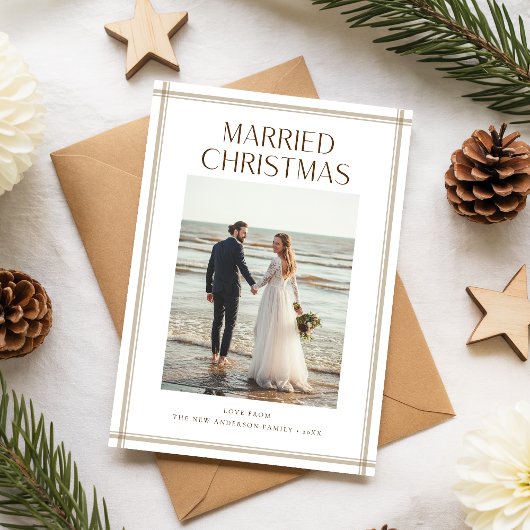 Just Married Newlywed Couple Beach Photo Christmas Feestdagenkaart
