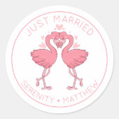 Just Married Pink Flamingos Tropical Beach Wedding Ronde Sticker (Voorkant)