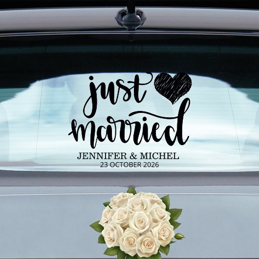 Just Married romantic black script wedding car Raamsticker