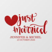 Just Married romantic red script wedding car Raamsticker (Vel)