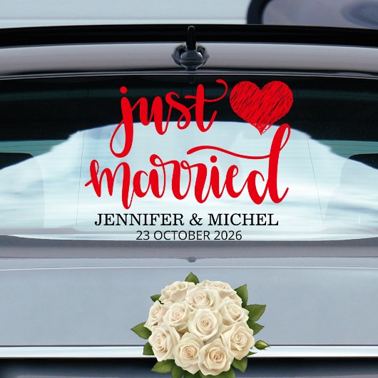 Just Married romantic red script wedding car Raamsticker