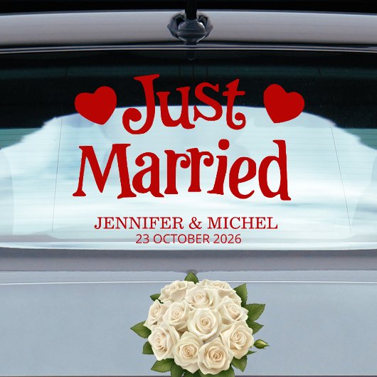 Just Married romantic red script wedding car Raamsticker