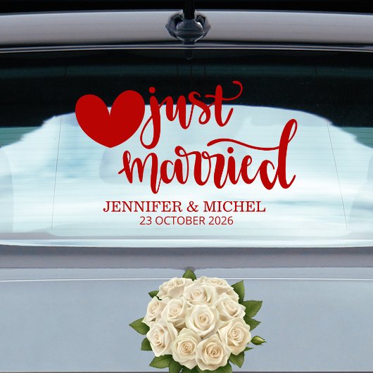 Just Married romantic red script wedding car Raamsticker