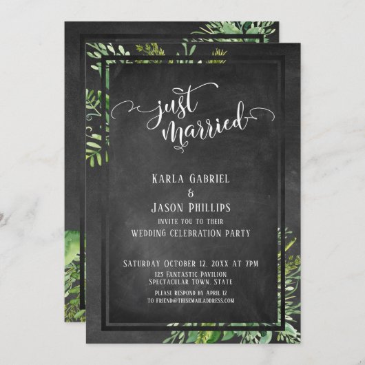 Just Married Script Greenery Boeket & Krijtbord Kaart (Voorkant / Achterkant)