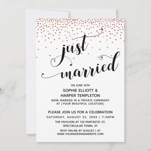 Just Married Script Koperen Confetti Ontvangst-all Kaart (Voorkant)
