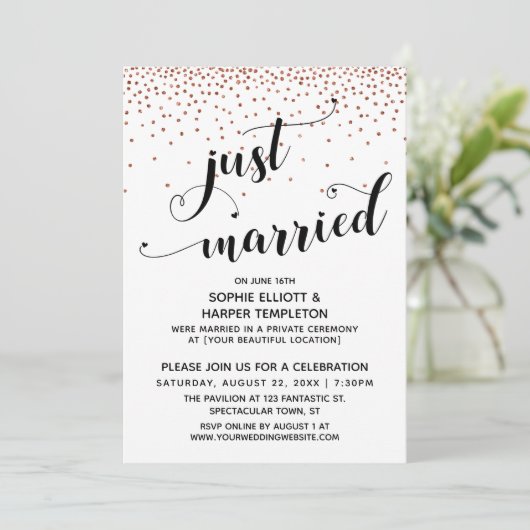 Just Married Script Koperen Confetti Ontvangst-all Kaart (Staand voorkant)