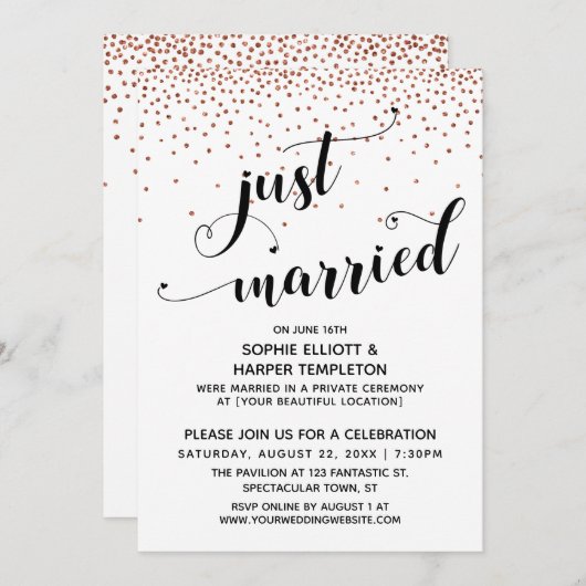 Just Married Script Koperen Confetti Ontvangst-all Kaart (Voorkant / Achterkant)