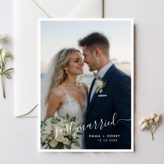 Just Married Script Wedding Fotoaankondiging Kaart