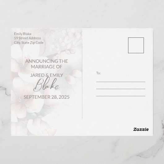 Just Married Wedding Aankondiging Folie Briefkaart (Achterkant)