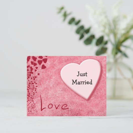 Just Married Wedding Aankondiging Liefde Briefkaar (Staand voorkant)