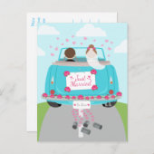 Just Married Wedding Car Blue Wedding aangekondigd Aankondigingskaart (Voorkant / Achterkant)