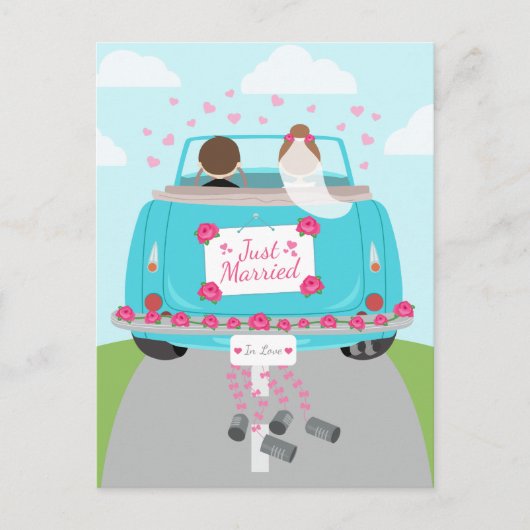 Just Married Wedding Car Blue Wedding aangekondigd Aankondigingskaart (Voorkant)