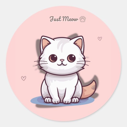 Just Meow Cute White Kitten Sticker | Pink Pastel (Voorkant)