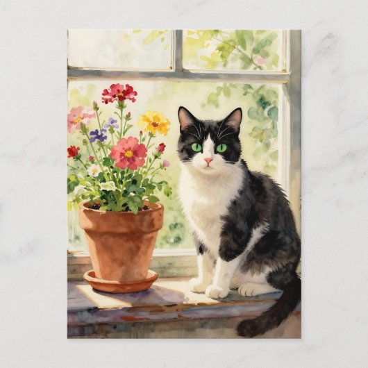 Just Saying Hi | Cat and Flower Themed Briefkaart (Voorkant)