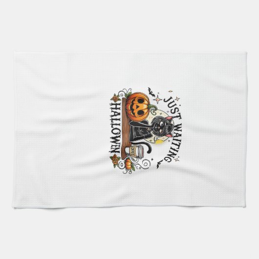 Just Waiting For Halloween Black Cat Lady Ice Coff Theedoek (Horizontaal)