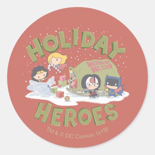 Justice League Chibi Delivering Cadeaus Ronde Sticker (Voorkant)