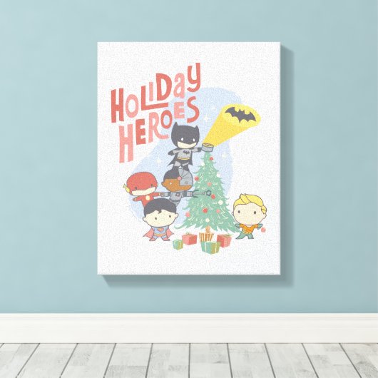 Justice League Chibi Holiday Tree Decorting Canvas Afdruk (Insitu (Houten vloer))