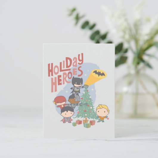 Justice League Chibi Holiday Tree Decorting Feestdagenkaart (Staand voorkant)