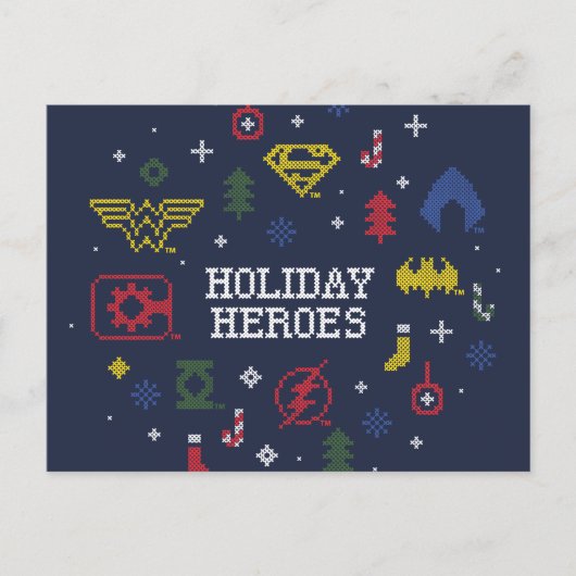 Justice League "Holiday Heroes" Faux Cross-Stitch Feestdagenkaart (Voorkant)