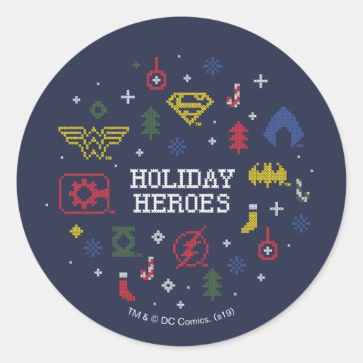 Justice League "Holiday Heroes" Faux Cross-Stitch Ronde Sticker (Voorkant)