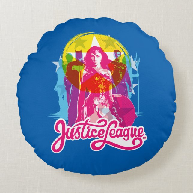 Justice League | Retrogroep en Logo Pop Rond Kussen (Voorkant)