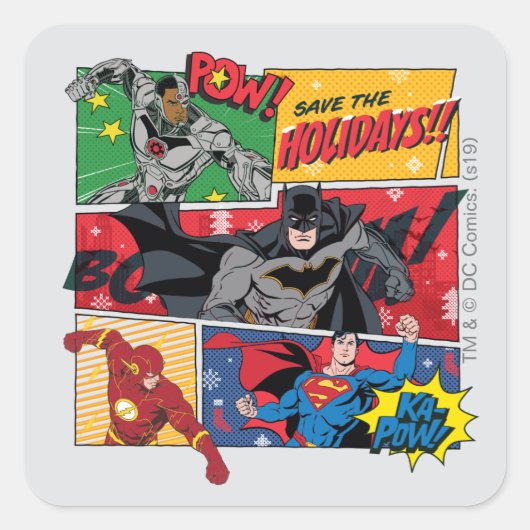 Justice League "Save the Feestdagen!" Vierkante Sticker (Voorkant)
