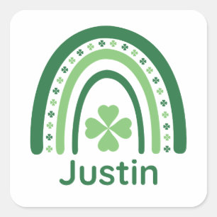 Justin Name Clover Boho Rainbow Vierkante Sticker