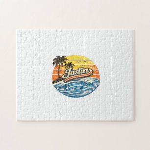 Justin Retro Zonsondergang Naam Ontwerp Legpuzzel