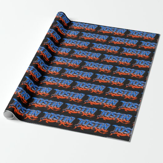 Justin Vorname Name Graffiti blue orange Cadeaupapier (Uitgerold)