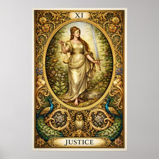 Justitie Tarotkaart XI – Pre-Raphaelite Goud Poster (Voorkant)