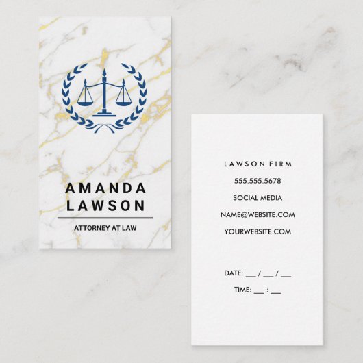 Justitie Weegschaal | Advocaat | Witte Marmer Afsprakenkaartje (Voorkant / Achterkant)