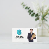Justitie Weegschaal | Zakenvrouw met mappen Visitekaartje (Staand voorkant)