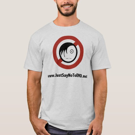 JustSayNoToEMO.net op grijze T-Shirt (Voorkant)