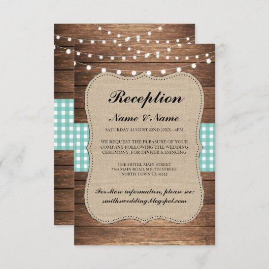 Jute Bruilofts Ontvangst Kaarten Hout Teal (Voorkant / Achterkant)